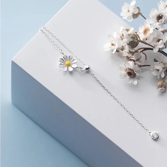Flower Daisy sterling silver necklace adjustable design floral jewelry - Picture 4 of 9